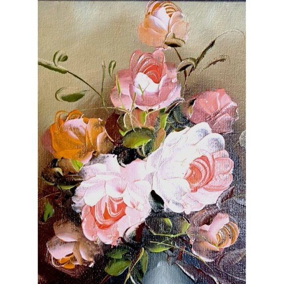 Pink Roses Still Life Oil Painting 17"x 14.5" Framed Matted Signed From Mexico - Picture 3 of 6